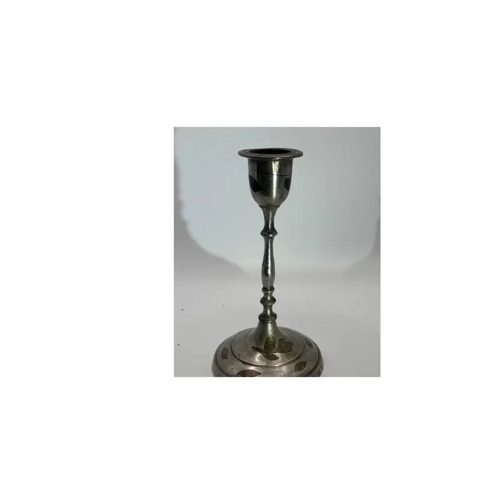 Vintage Pair Silverplate Candlesticks Brass Copper Inlay Made in India 7 in Boho